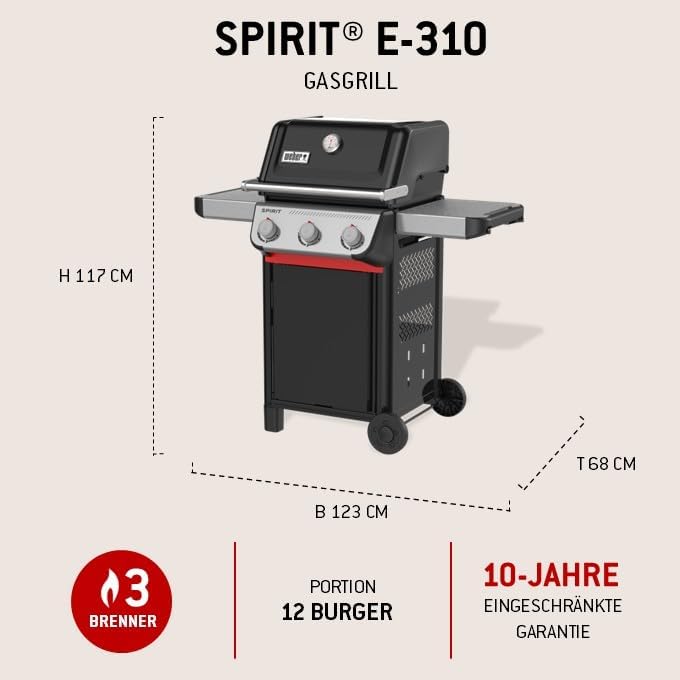 Weber Spirit E-310 Gasgrill | 3 Brenner, Snap-Jet Zündung, Robuste Räder und Warmhalterost, 51 x 46 cm Grillfläche, Weber Works kompatibel, Schwarz/Silber