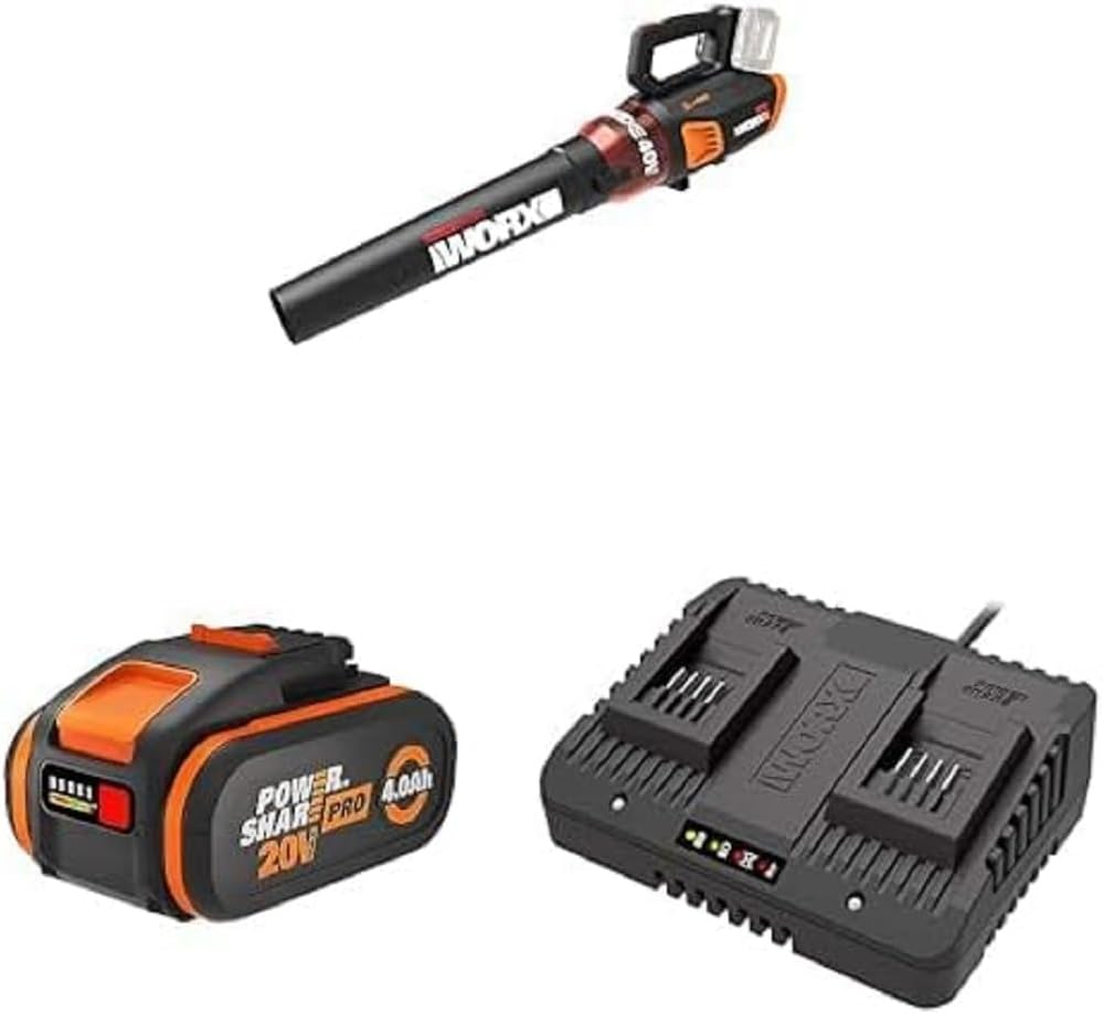 WORX Nitro WG572E 80V (4x20V/4Ah) Laubbläser – Profi mit leistungsstark bürstenlosem Motor – großes Luftvolumen – Variable Geschwindigkeit mit Turbomodus – inkl. 4 x Pro Akkus & Basecamp Ladengerät