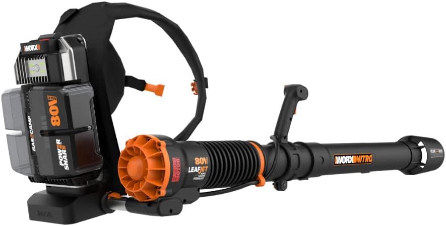 WORX Nitro WG572E 80V (4x20V/4Ah) Laubbläser – Profi mit leistungsstark bürstenlosem Motor – großes Luftvolumen – Variable Geschwindigkeit mit Turbomodus – inkl. 4 x Pro Akkus & Basecamp Ladengerät