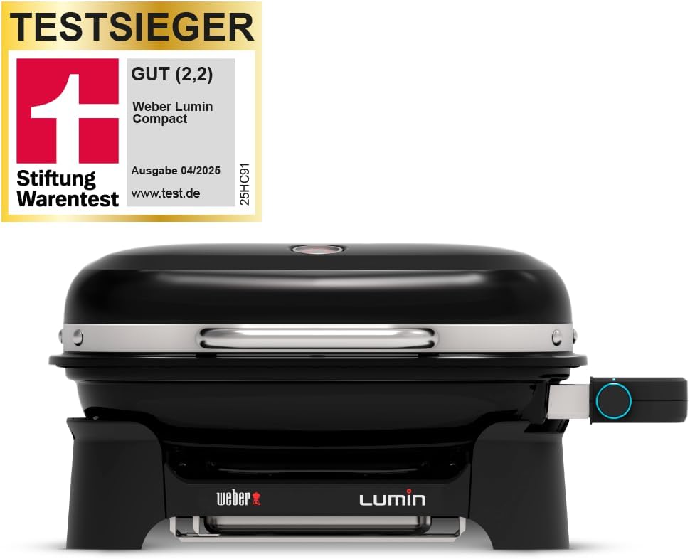 Weber Lumin Compact Tragbarer Kompakter Elektrogrill, Bis zu 315 °C, mit Deckelthermometer, Porzellanemaillierte Gusseisenroste, 43 x 32 cm Grillfläche, Schwarz (1502044)