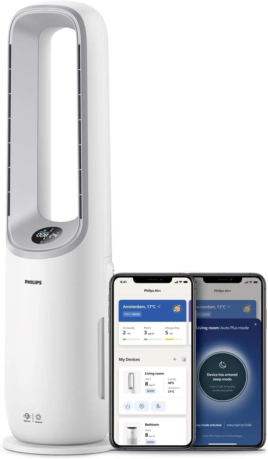 PHILIPS Air Performer 2-in-1: Luftreiniger und Kühlgebläse - Reinigt 70 m², Entfernt 99,97% der Allergene und Schadstoffe. HEPA-Filter, Intelligente Sensoren, Alexa, App. (AMF765/10)