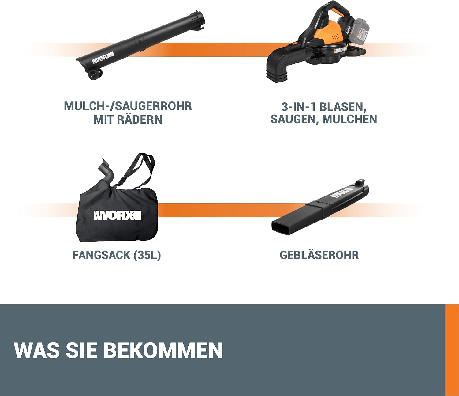 WORX WG583E.9 Akku-Laubbläser/Laubsauger 40V(2x20V), 2 in 1 zum Laub Zusammenkehren & Aufsaugen, max. 575 m³/h Blasleistung, 335km/h Luftstromgeschwindigkeit, 35L Fangsack (ohne Akku und Ladegerät)