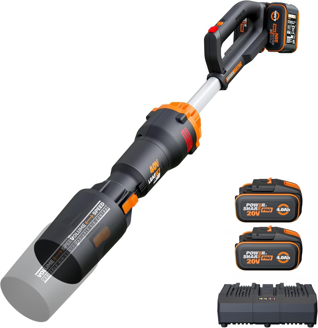 WORX Nitro WG572E 80V (4x20V/4Ah) Laubbläser – Profi mit leistungsstark bürstenlosem Motor – großes Luftvolumen – Variable Geschwindigkeit mit Turbomodus – inkl. 4 x Pro Akkus & Basecamp Ladengerät