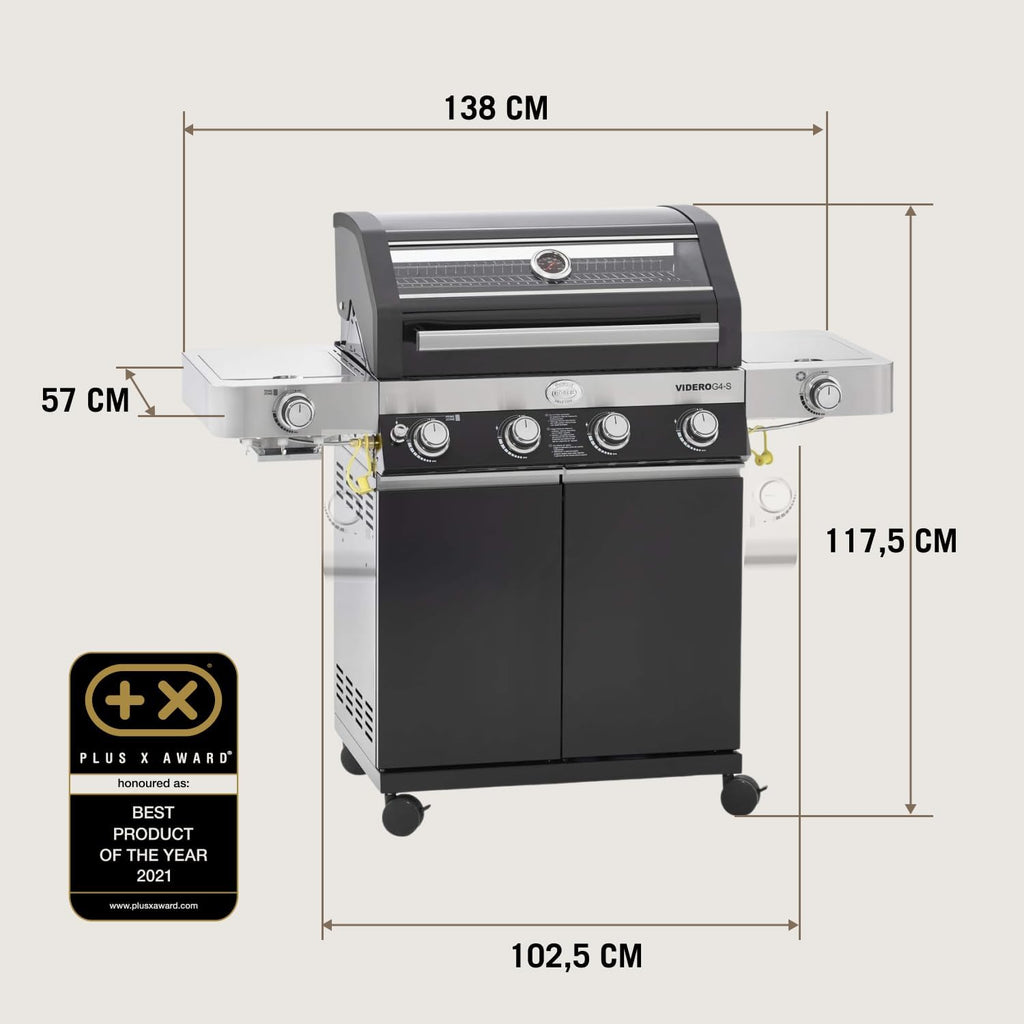 RÖSLE Gasgrill BBQ-Station VIDERO G4-S Schwarz, Grill mit 4 Edelstahlbrennern, extra Primezone und Seitenbrenner, klappbare Seitentische, VARIO+, pulverbeschichteter Stahl | Primezone Extra Seitenbrenner, klappbare Seitentische, Vario+System, pulverbeschi