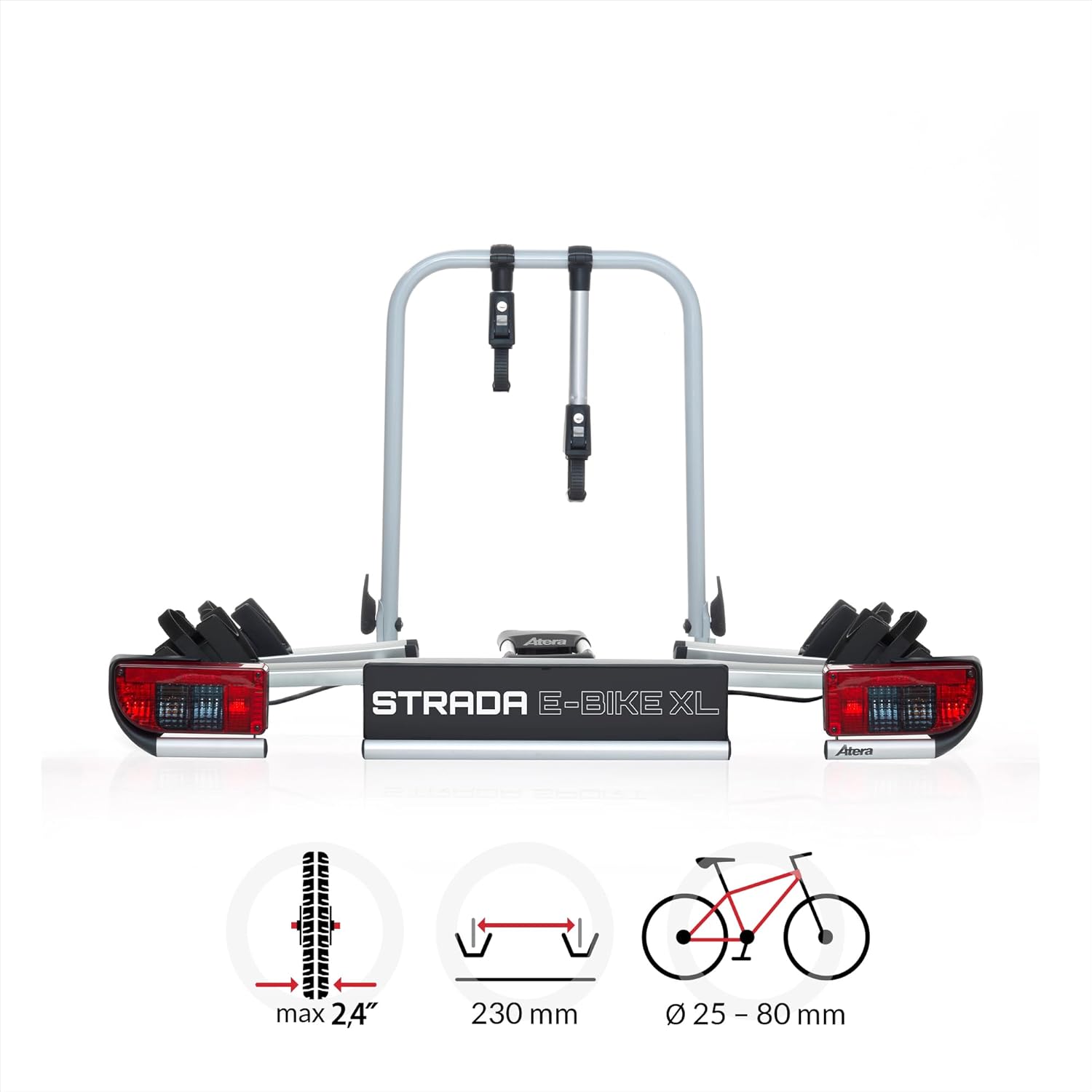 Atera 022696 Strada E-Bike XL Car Bicycle Carrier Extra Wide with Rear Lights for 2 Bicycles, Silver