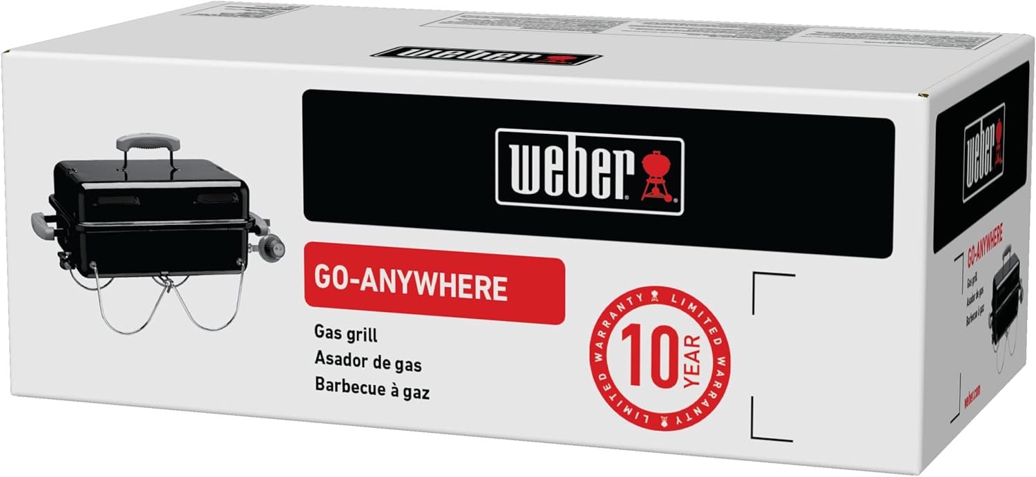 Weber Go-Anywhere Gasgrill | Grill mit klappbaren Beinen, Zündknopf, Robuste Emaille, leicht, kompakter Campinggrill, 42 x 26 cm Grillfläche, Schwarz