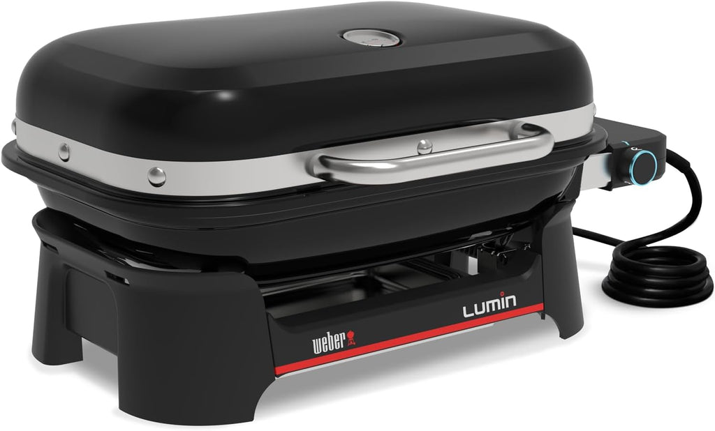 Weber Lumin Compact Tragbarer Kompakter Elektrogrill, Bis zu 315 °C, mit Deckelthermometer, Porzellanemaillierte Gusseisenroste, 43 x 32 cm Grillfläche, Schwarz (1502044)