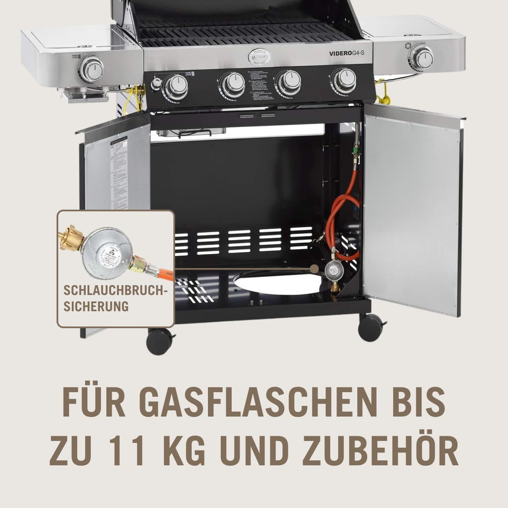 RÖSLE Gasgrill BBQ-Station VIDERO G4-S Schwarz, Grill mit 4 Edelstahlbrennern, extra Primezone und Seitenbrenner, klappbare Seitentische, VARIO+, pulverbeschichteter Stahl | Primezone Extra Seitenbrenner, klappbare Seitentische, Vario+System, pulverbeschi