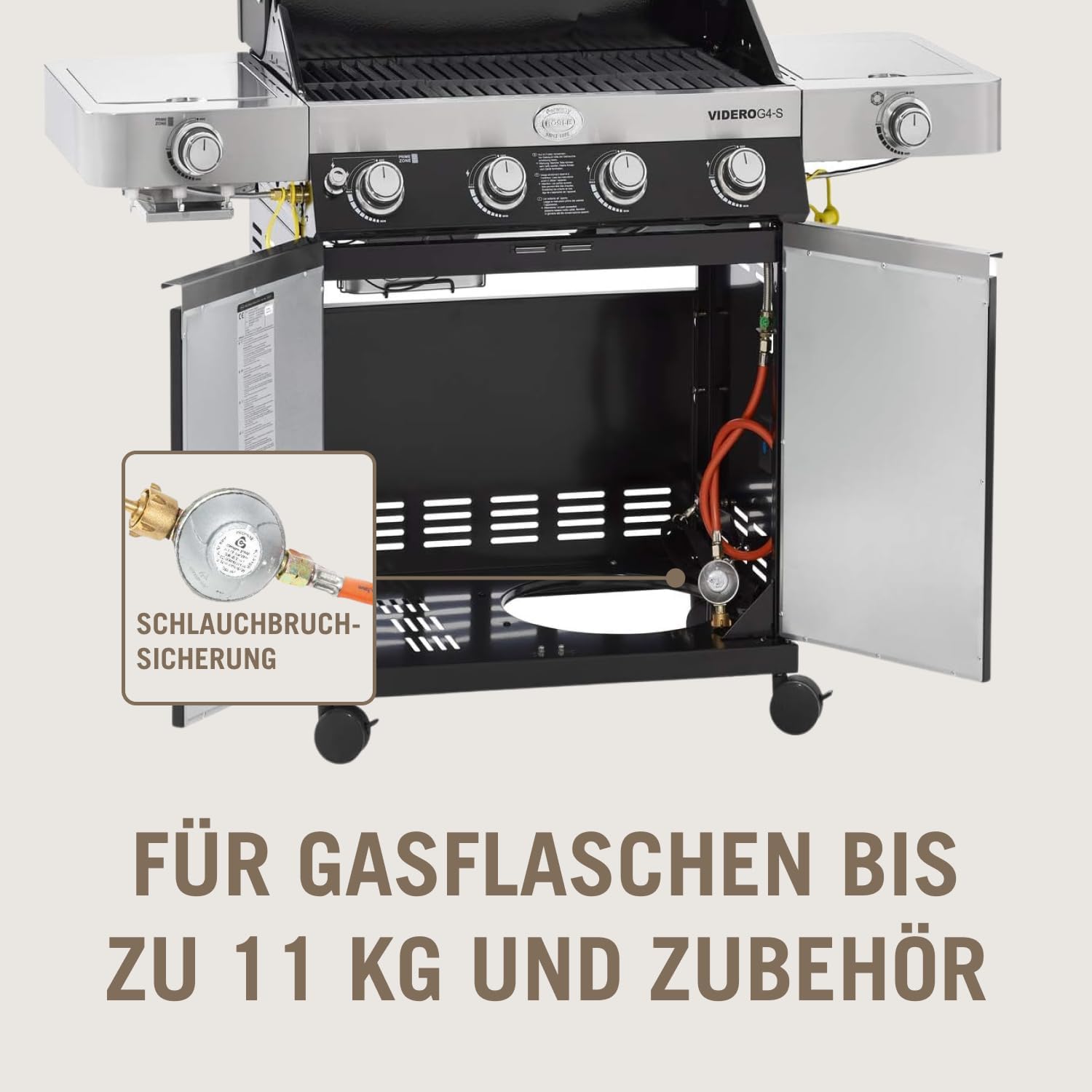 RÖSLE Gasgrill BBQ-Station VIDERO G4-S Schwarz, Grill mit 4 Edelstahlbrennern, extra Primezone und Seitenbrenner, klappbare Seitentische, VARIO+, pulverbeschichteter Stahl | Primezone Extra Seitenbrenner, klappbare Seitentische, Vario+System, pulverbeschi