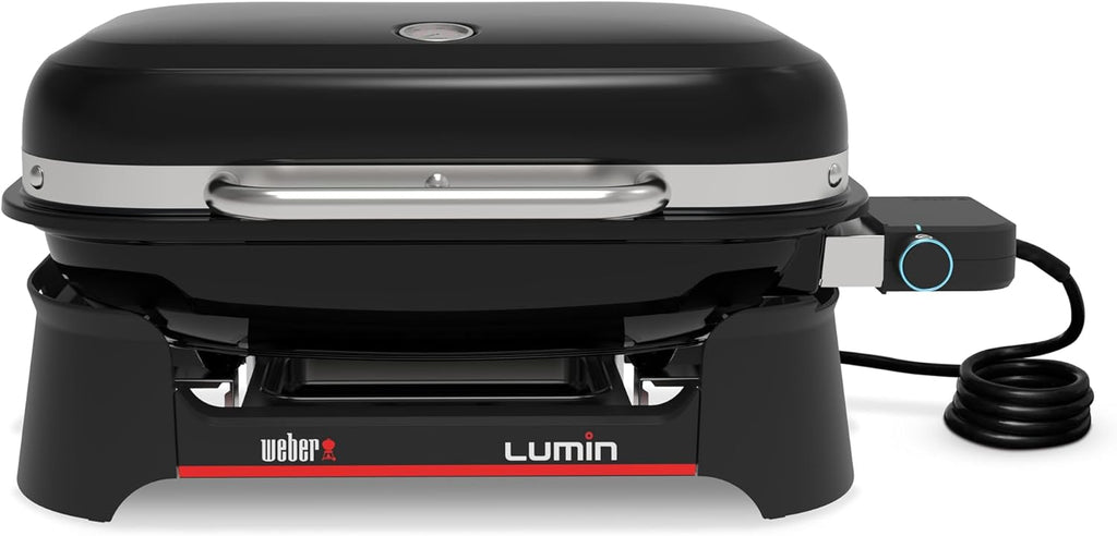 Weber Lumin Compact Tragbarer Kompakter Elektrogrill, Bis zu 315 °C, mit Deckelthermometer, Porzellanemaillierte Gusseisenroste, 43 x 32 cm Grillfläche, Schwarz (1502044)