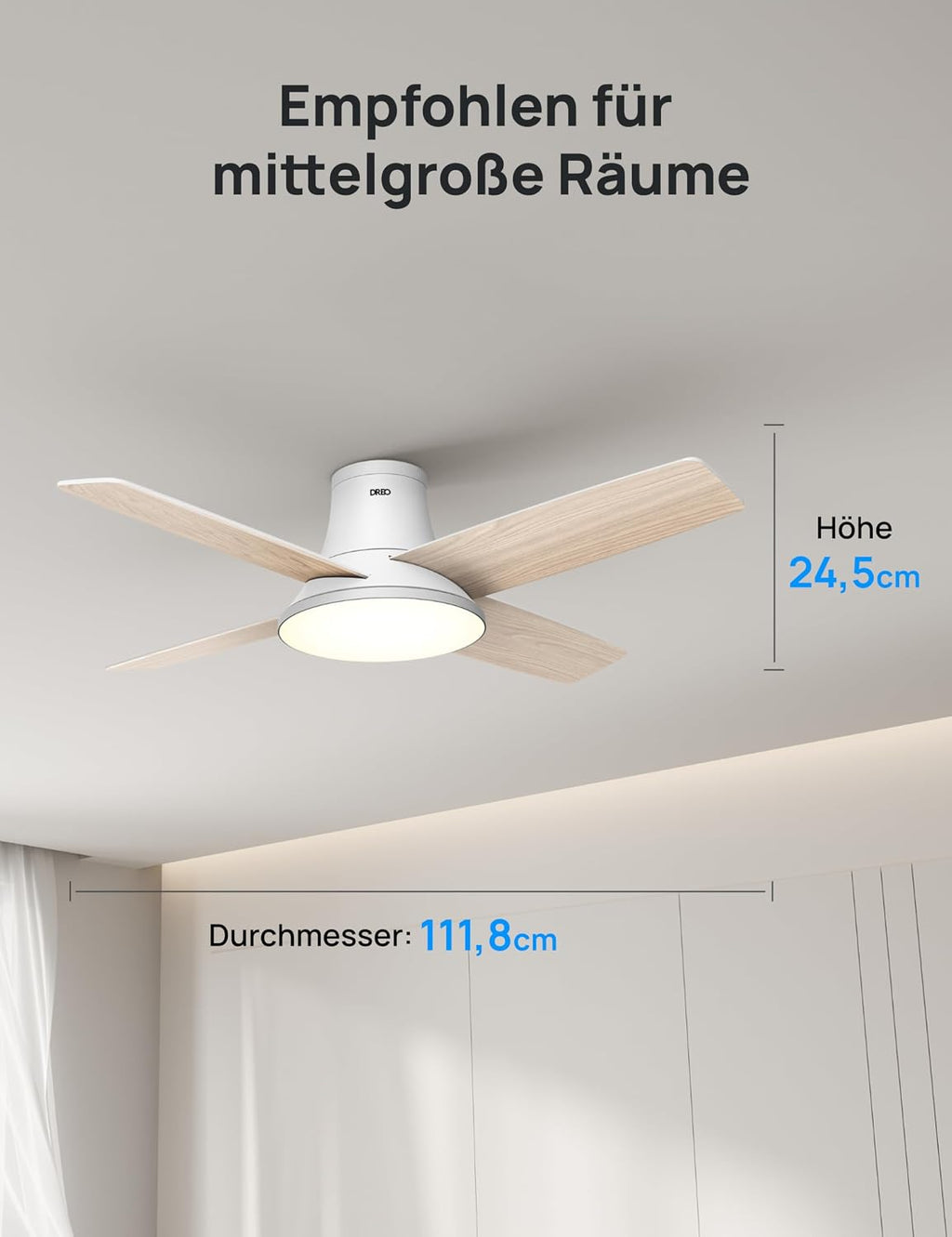 DREO Deckenventilator mit Licht bietet zwölf Geschwindigkeiten, drei Modi und einen leisen Gleichstrommotor. Einfache Montage, dimmbares LED, Fernbedienung und 12-Stunden-Timer in Weiß