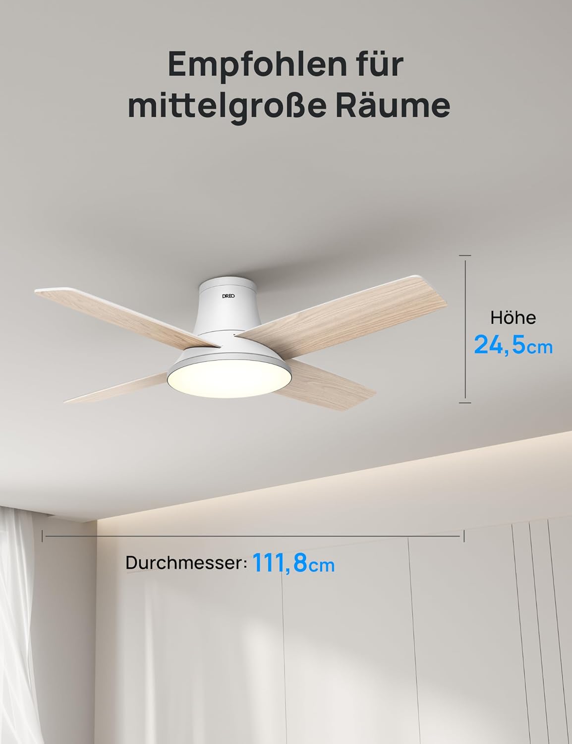 DREO Deckenventilator mit Licht bietet zwölf Geschwindigkeiten, drei Modi und einen leisen Gleichstrommotor. Einfache Montage, dimmbares LED, Fernbedienung und 12-Stunden-Timer in Weiß