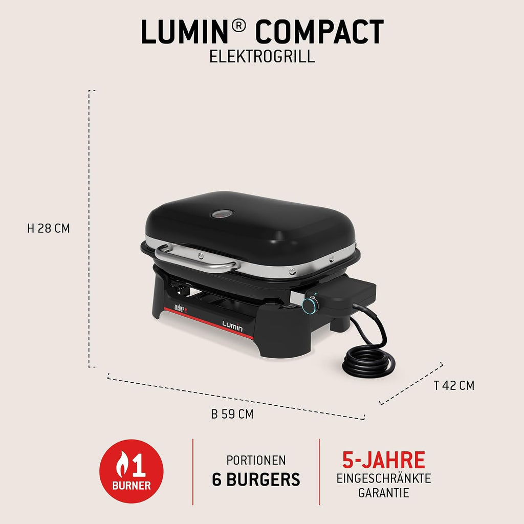 Weber Lumin Compact Tragbarer Kompakter Elektrogrill, Bis zu 315 °C, mit Deckelthermometer, Porzellanemaillierte Gusseisenroste, 43 x 32 cm Grillfläche, Schwarz (1502044)
