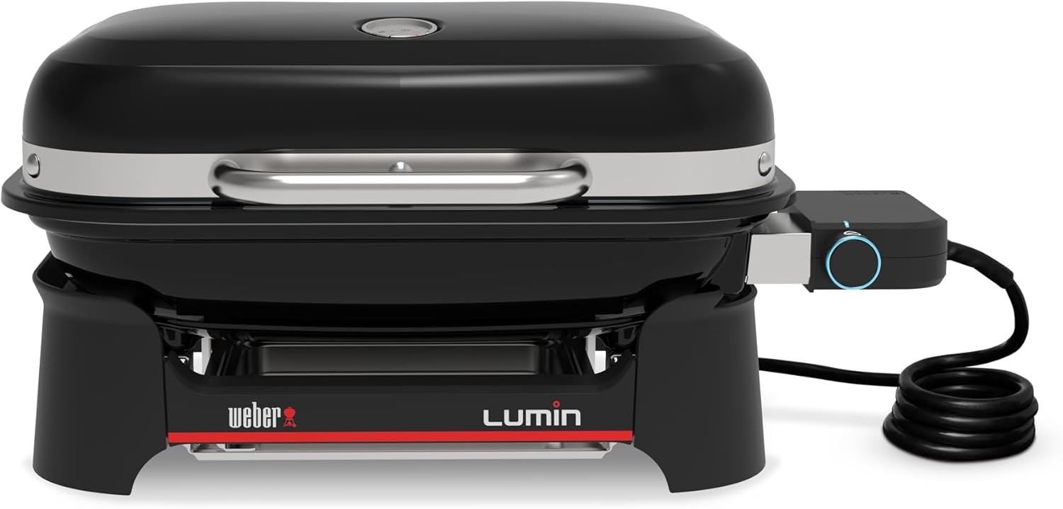 Weber Lumin Compact Tragbarer Kompakter Elektrogrill, Bis zu 315 °C, mit Deckelthermometer, Porzellanemaillierte Gusseisenroste, 43 x 32 cm Grillfläche, Schwarz (1502044)