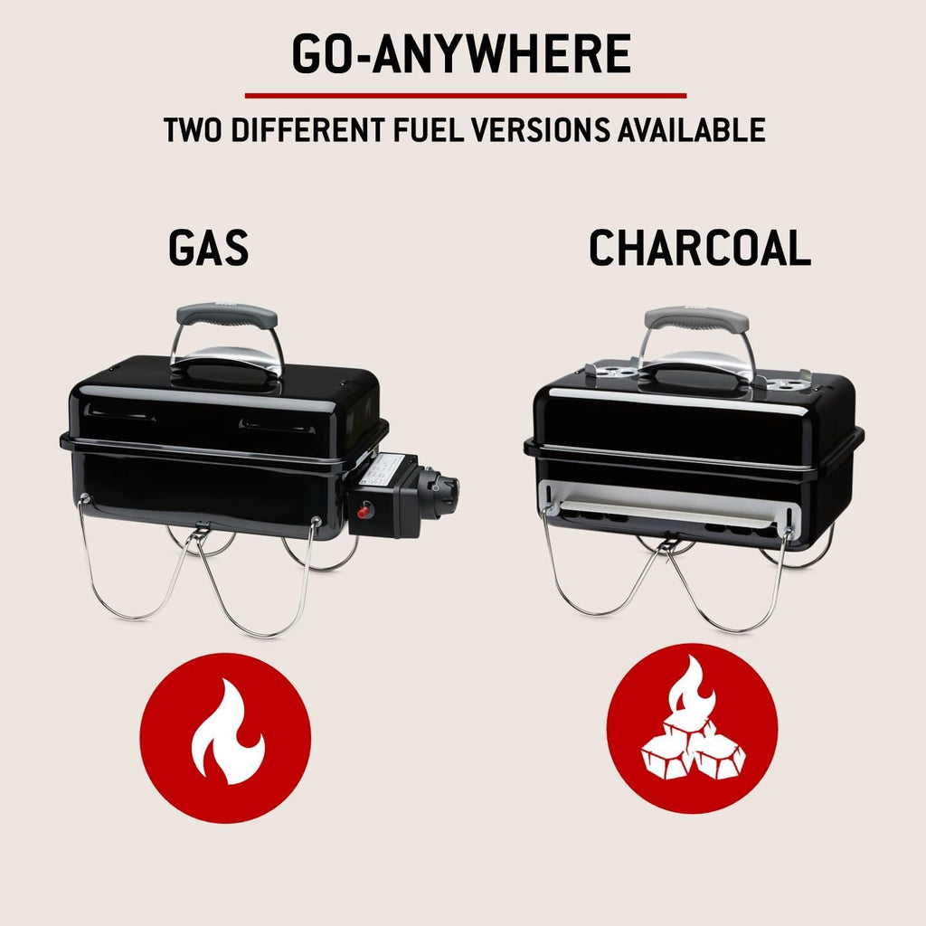 Weber Go-Anywhere Gasgrill | Grill mit klappbaren Beinen, Zündknopf, Robuste Emaille, leicht, kompakter Campinggrill, 42 x 26 cm Grillfläche, Schwarz