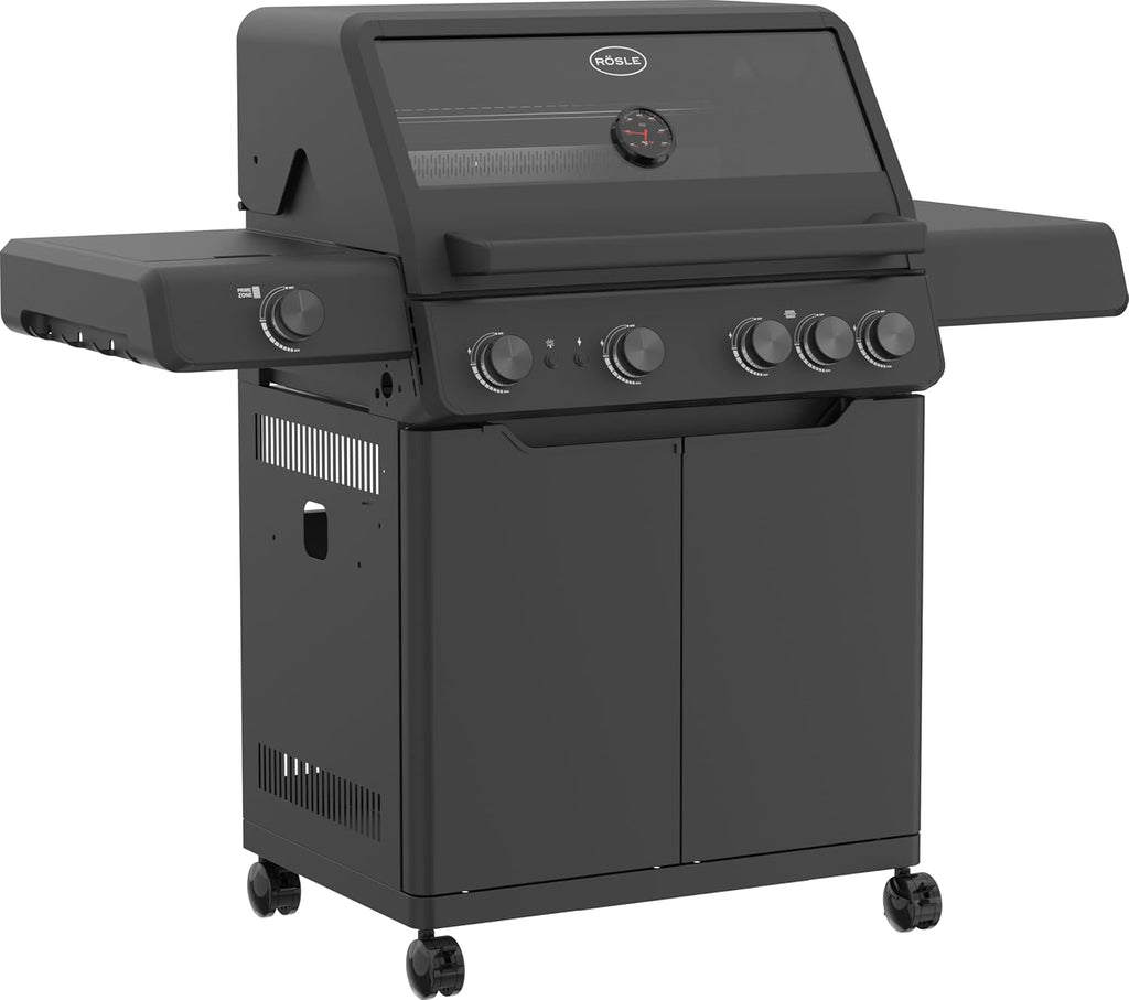 RÖSLE Gasgrill BBQ-Station VIDERO G4-S Schwarz, Grill mit 4 Edelstahlbrennern, extra Primezone und Seitenbrenner, klappbare Seitentische, VARIO+, pulverbeschichteter Stahl | Primezone Extra Seitenbrenner, klappbare Seitentische, Vario+System, pulverbeschi