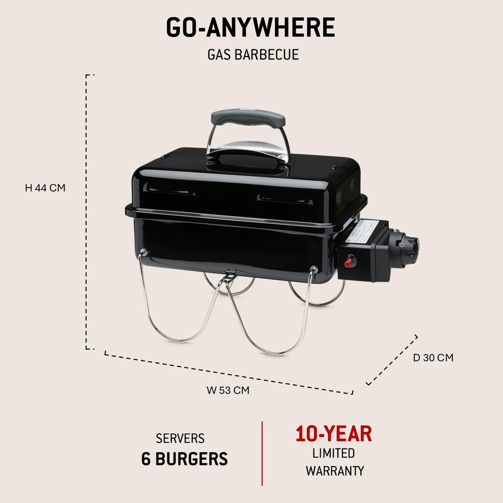 Weber Go-Anywhere Gasgrill | Grill mit klappbaren Beinen, Zündknopf, Robuste Emaille, leicht, kompakter Campinggrill, 42 x 26 cm Grillfläche, Schwarz
