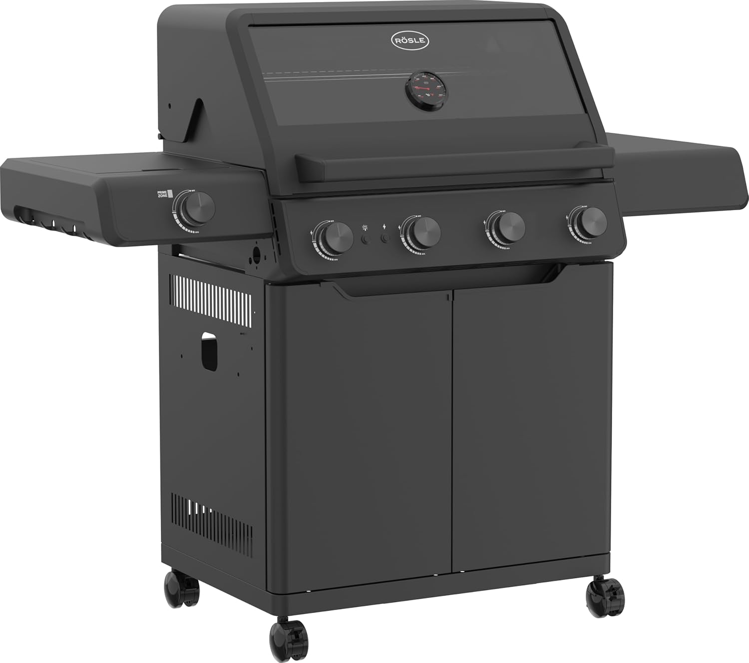 RÖSLE Gasgrill BBQ-Station VIDERO G4-S Schwarz, Grill mit 4 Edelstahlbrennern, extra Primezone und Seitenbrenner, klappbare Seitentische, VARIO+, pulverbeschichteter Stahl | Primezone Extra Seitenbrenner, klappbare Seitentische, Vario+System, pulverbeschi