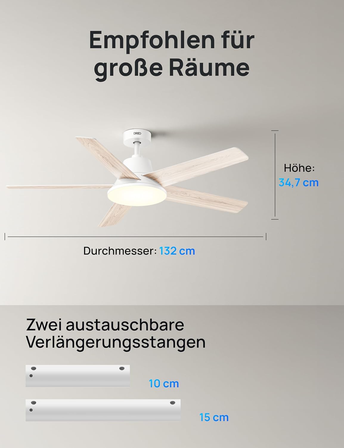 DREO Smart Deckenventilator mit Licht, 132 cm, 12 Geschwindigkeiten, 3 Modi, stufenlos dimmbares LED-Beleuchtung, leiser DC-Motor, 12H-Timer, Fernbedienung/APP/Alexa, für Innenräume, Weiß