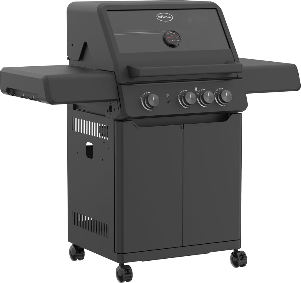 RÖSLE Gasgrill BBQ-Station VIDERO G4-S Schwarz, Grill mit 4 Edelstahlbrennern, extra Primezone und Seitenbrenner, klappbare Seitentische, VARIO+, pulverbeschichteter Stahl | Primezone Extra Seitenbrenner, klappbare Seitentische, Vario+System, pulverbeschi