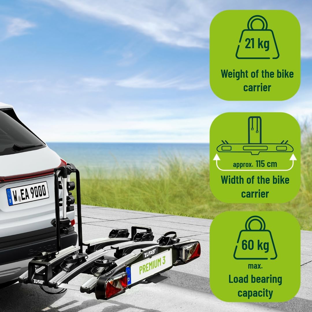 EUFAB 11522 Premium 3 Bicycle Carrier for Towing Hitch, Foldable, for 3 Bicycles