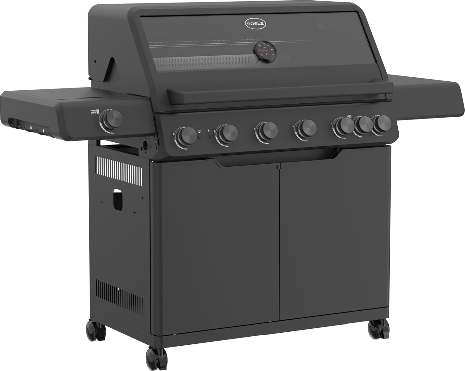 RÖSLE Gasgrill BBQ-Station VIDERO G4-S Schwarz, Grill mit 4 Edelstahlbrennern, extra Primezone und Seitenbrenner, klappbare Seitentische, VARIO+, pulverbeschichteter Stahl | Primezone Extra Seitenbrenner, klappbare Seitentische, Vario+System, pulverbeschi