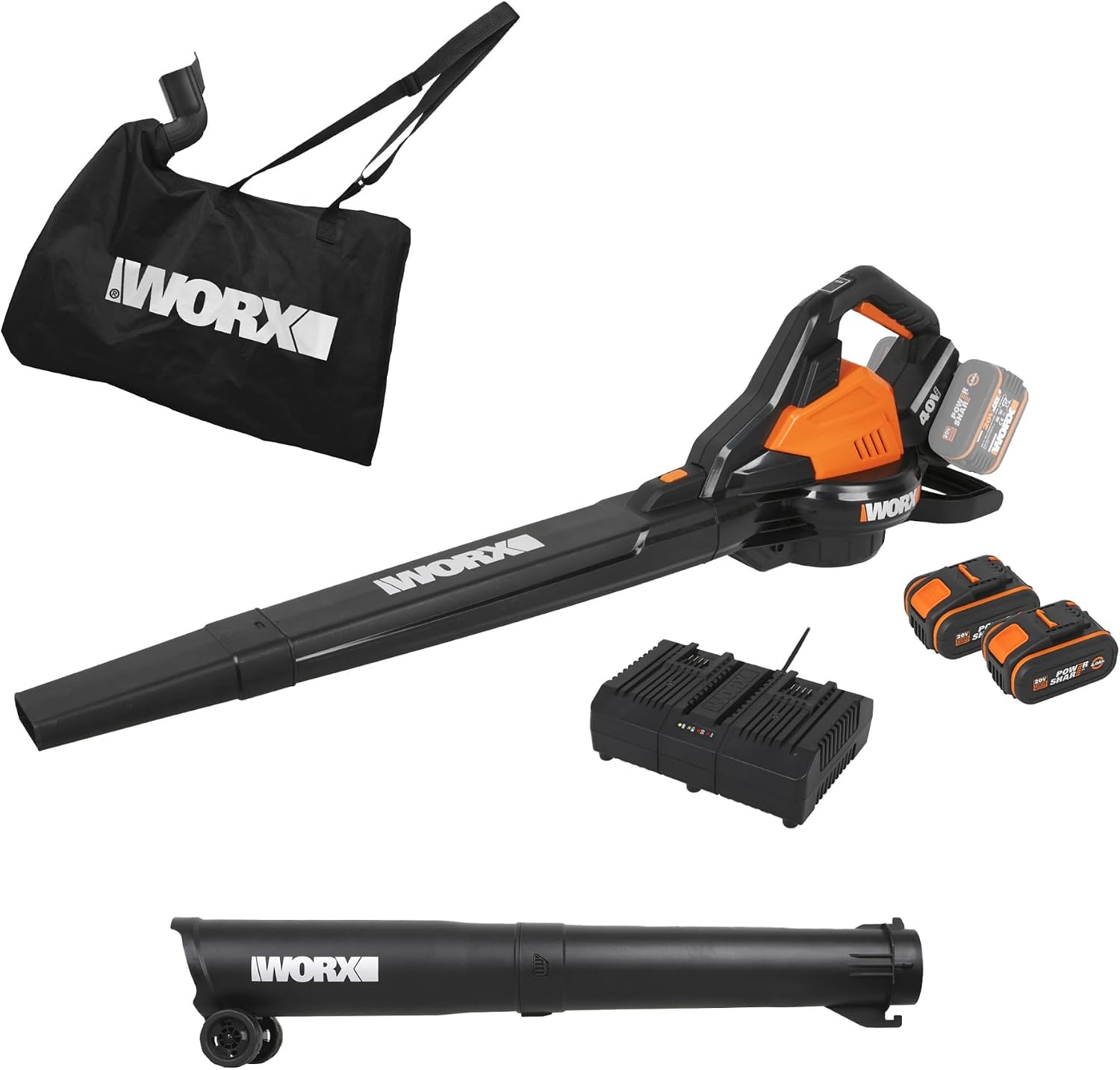 WORX WG583E.9 Akku-Laubbläser/Laubsauger 40V(2x20V), 2 in 1 zum Laub Zusammenkehren & Aufsaugen, max. 575 m³/h Blasleistung, 335km/h Luftstromgeschwindigkeit, 35L Fangsack (ohne Akku und Ladegerät)