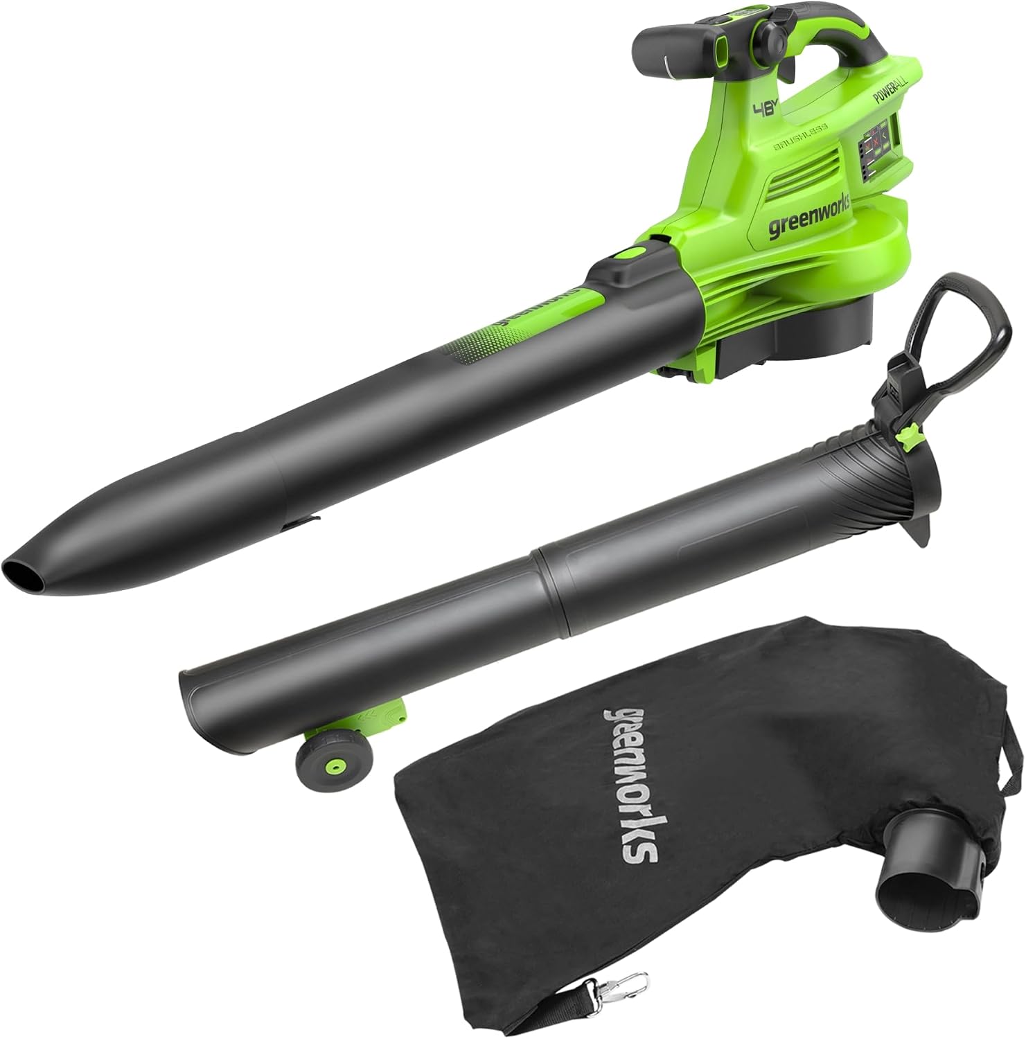 Greenworks 48V(24V x 2) Akku Laubsauger / Laubbläser mit Schultergurt, bürstenloser Motor, 322 km/h, 9 m³/min, 45L Fangsack, zwei 4Ah Batterien & Ladegerät, 3 Jahre Garantie GD24X2BVK4X