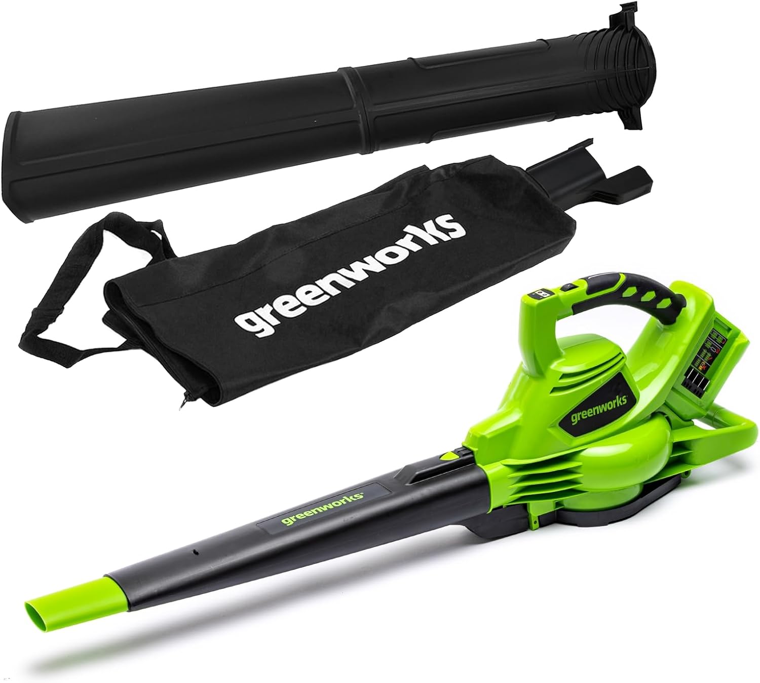 Greenworks 48V(24V x 2) Akku Laubsauger / Laubbläser mit Schultergurt, bürstenloser Motor, 322 km/h, 9 m³/min, 45L Fangsack, zwei 4Ah Batterien & Ladegerät, 3 Jahre Garantie GD24X2BVK4X