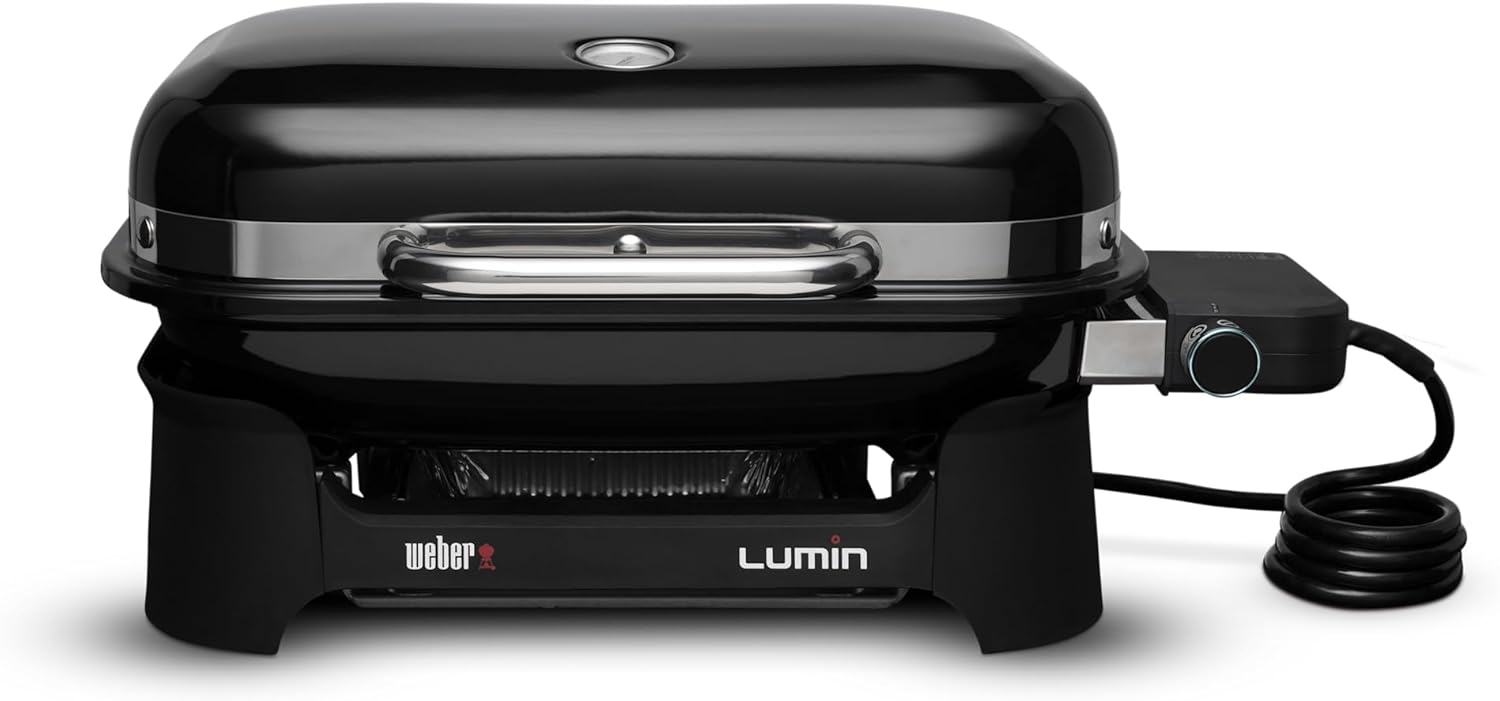 Weber Lumin Compact Tragbarer Kompakter Elektrogrill, Bis zu 315 °C, mit Deckelthermometer, Porzellanemaillierte Gusseisenroste, 43 x 32 cm Grillfläche, Schwarz (1502044)