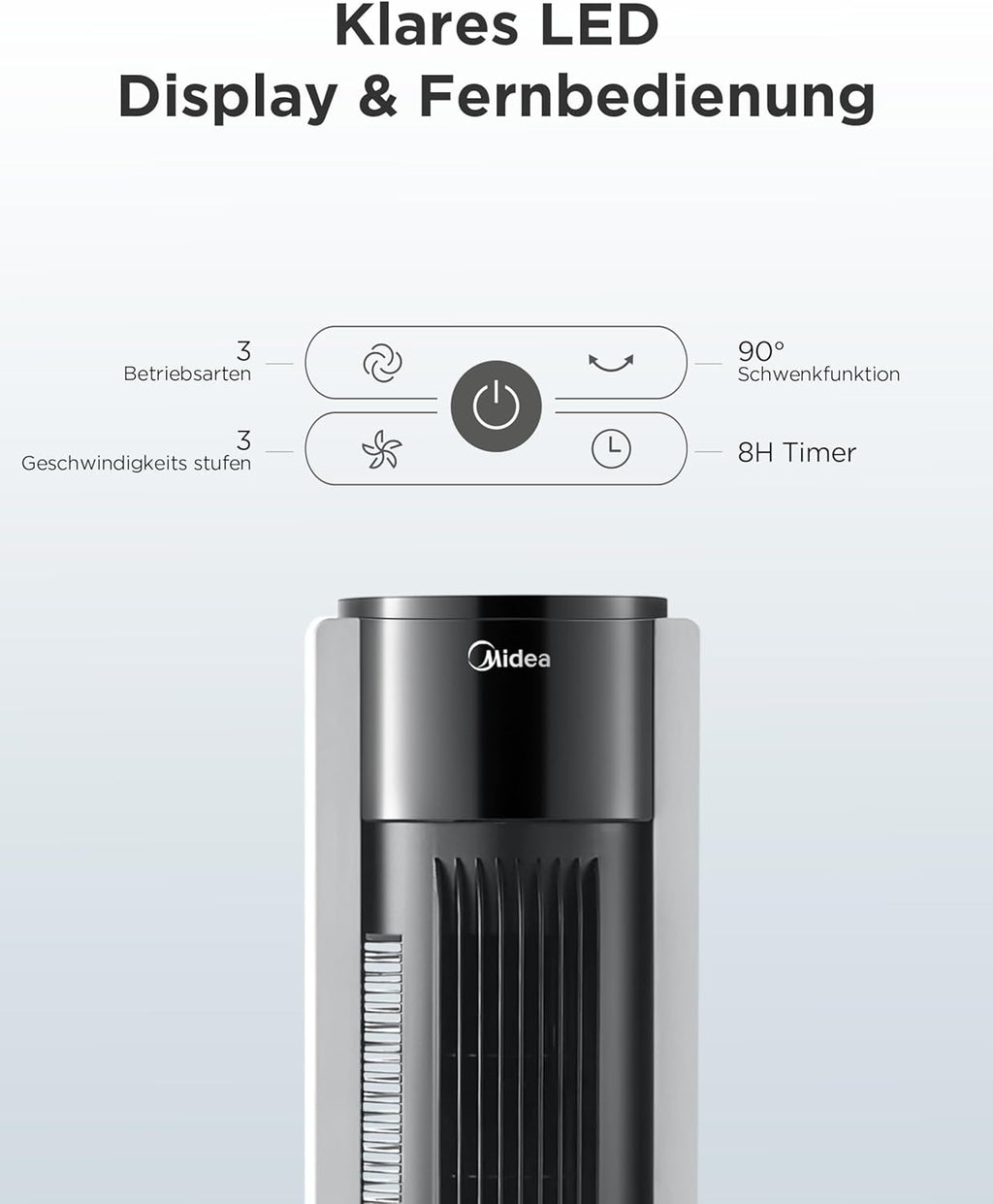 Midea FZ10-19BRA Turmventilator 110cm – 3 Modi, 90° Oszillation, 45dB, 7h Timer, Fernbedienung, Weiß