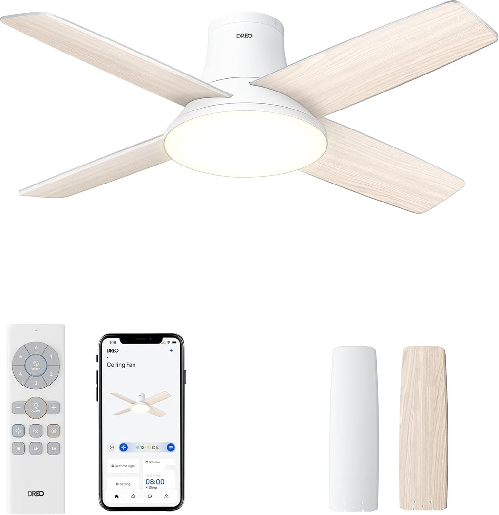 DREO Deckenventilator mit Licht bietet zwölf Geschwindigkeiten, drei Modi und einen leisen Gleichstrommotor. Einfache Montage, dimmbares LED, Fernbedienung und 12-Stunden-Timer in Weiß