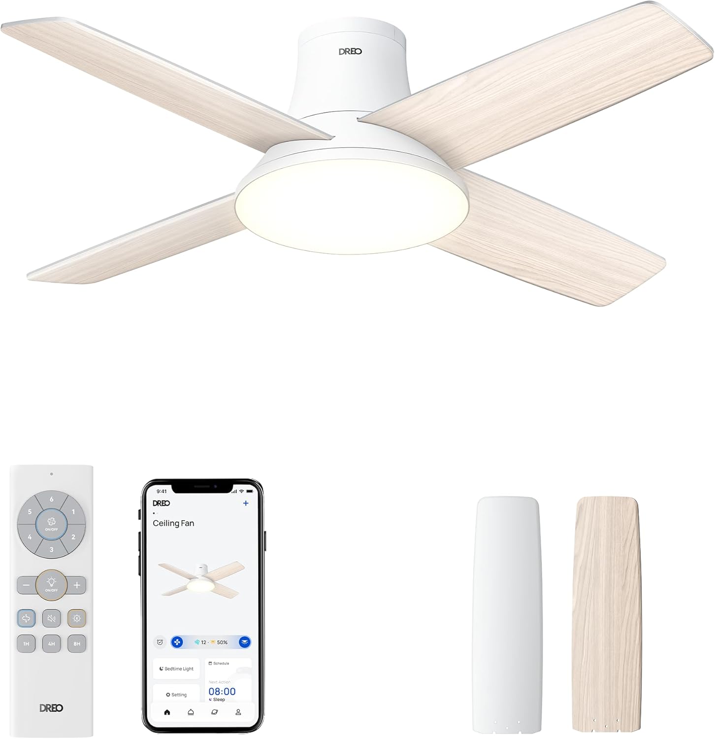 DREO Deckenventilator mit Licht bietet zwölf Geschwindigkeiten, drei Modi und einen leisen Gleichstrommotor. Einfache Montage, dimmbares LED, Fernbedienung und 12-Stunden-Timer in Weiß
