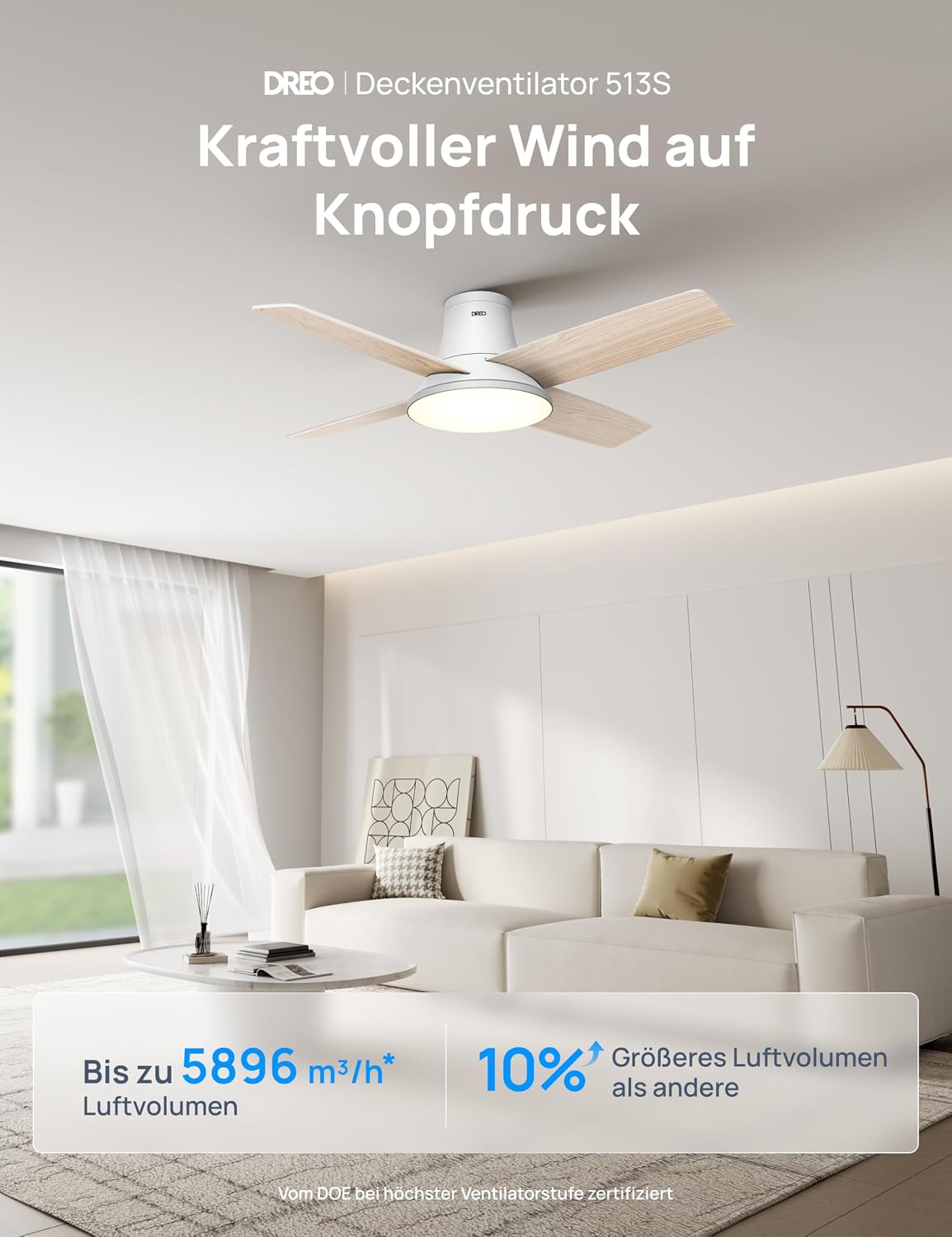 DREO Deckenventilator mit Licht bietet zwölf Geschwindigkeiten, drei Modi und einen leisen Gleichstrommotor. Einfache Montage, dimmbares LED, Fernbedienung und 12-Stunden-Timer in Weiß