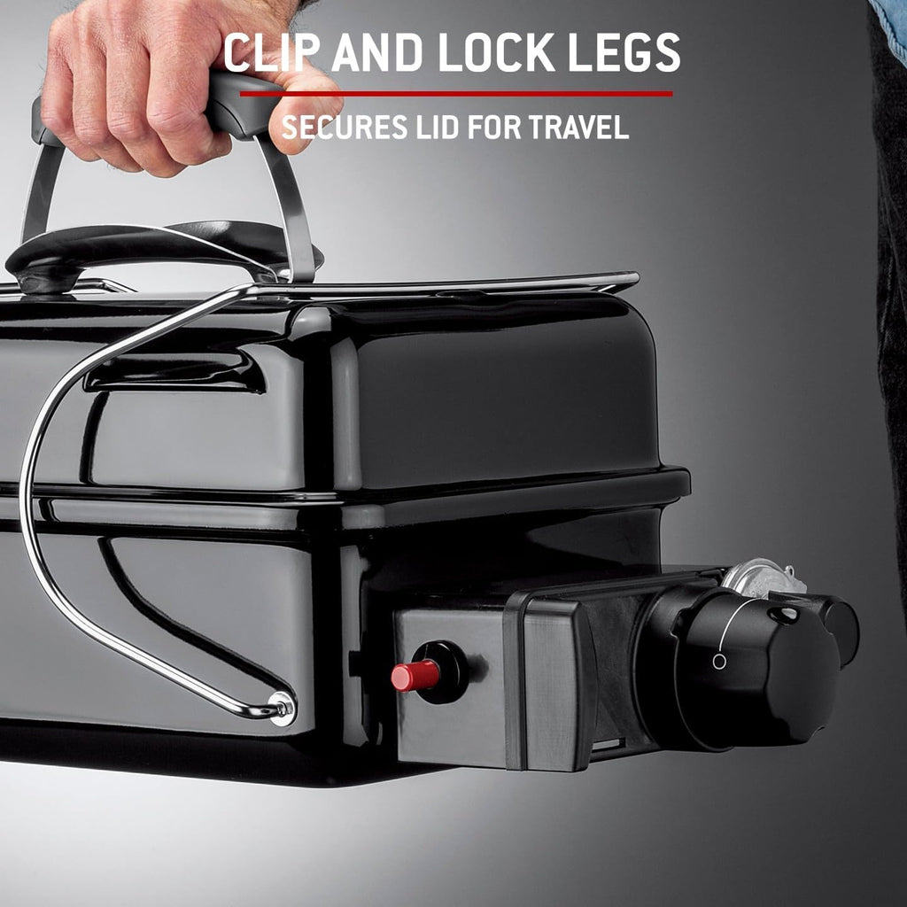 Weber Go-Anywhere Gasgrill | Grill mit klappbaren Beinen, Zündknopf, Robuste Emaille, leicht, kompakter Campinggrill, 42 x 26 cm Grillfläche, Schwarz