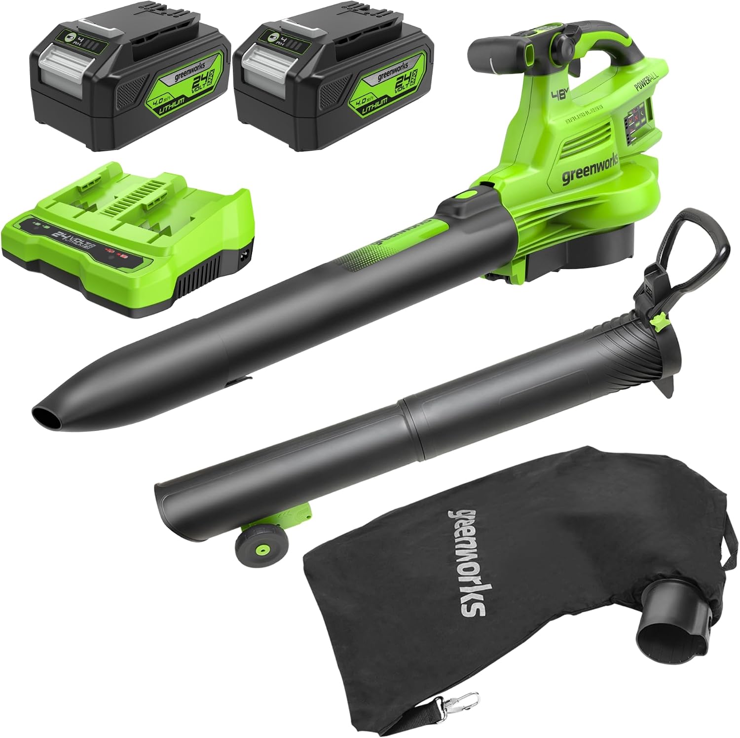 Greenworks 48V(24V x 2) Akku Laubsauger / Laubbläser mit Schultergurt, bürstenloser Motor, 322 km/h, 9 m³/min, 45L Fangsack, zwei 4Ah Batterien & Ladegerät, 3 Jahre Garantie GD24X2BVK4X