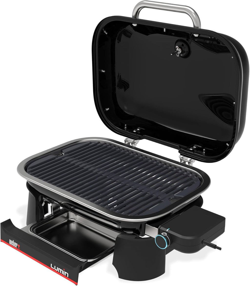 Weber Lumin Compact Tragbarer Kompakter Elektrogrill, Bis zu 315 °C, mit Deckelthermometer, Porzellanemaillierte Gusseisenroste, 43 x 32 cm Grillfläche, Schwarz (1502044)