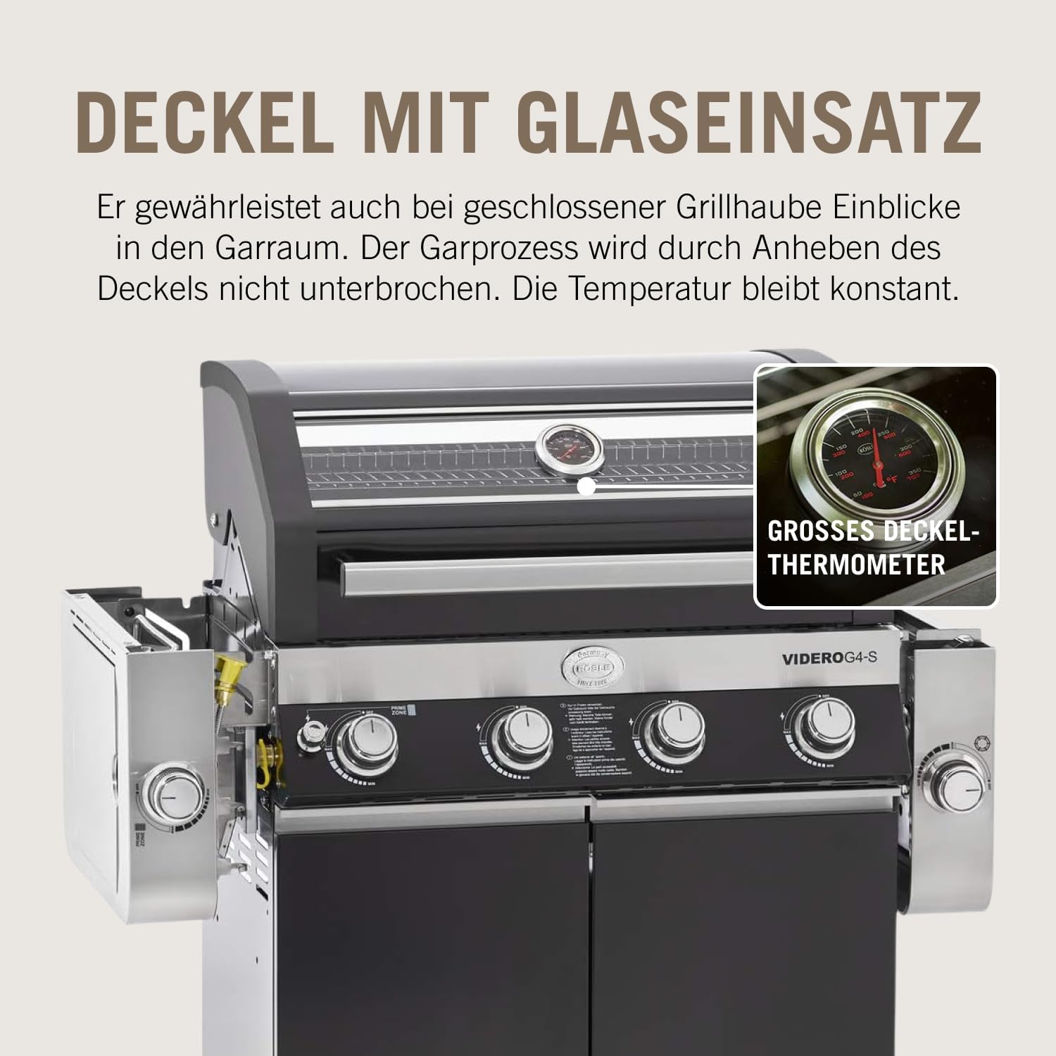 RÖSLE Gasgrill BBQ-Station VIDERO G4-S Schwarz, Grill mit 4 Edelstahlbrennern, extra Primezone und Seitenbrenner, klappbare Seitentische, VARIO+, pulverbeschichteter Stahl | Primezone Extra Seitenbrenner, klappbare Seitentische, Vario+System, pulverbeschi