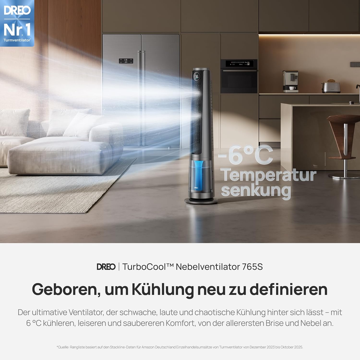 DREO DR-HEC005S Turmventilator mit Vernebler 6L – TurboCool, 3010m³/h, 20dB, RGB, 12 Stufen, WiFi, Grau