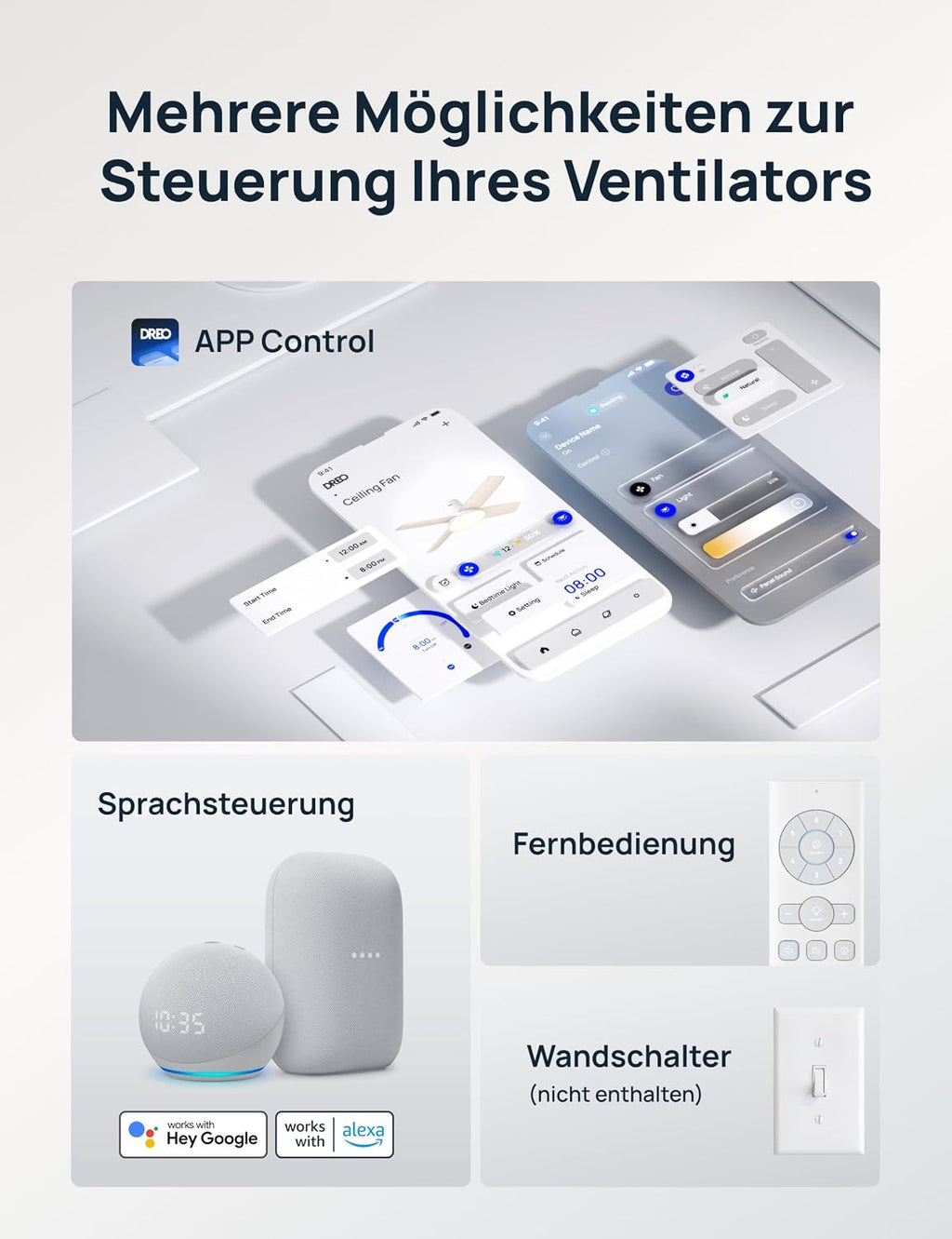 DREO Deckenventilator mit Licht bietet zwölf Geschwindigkeiten, drei Modi und einen leisen Gleichstrommotor. Einfache Montage, dimmbares LED, Fernbedienung und 12-Stunden-Timer in Weiß