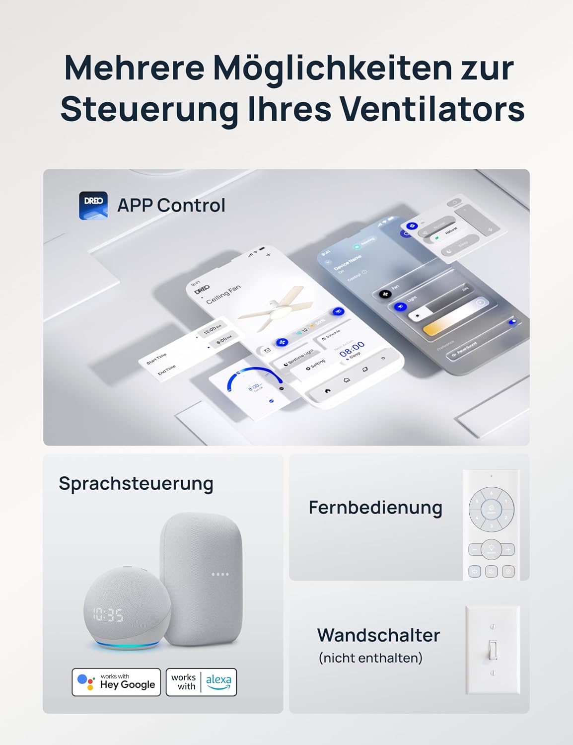 DREO Deckenventilator mit Licht bietet zwölf Geschwindigkeiten, drei Modi und einen leisen Gleichstrommotor. Einfache Montage, dimmbares LED, Fernbedienung und 12-Stunden-Timer in Weiß