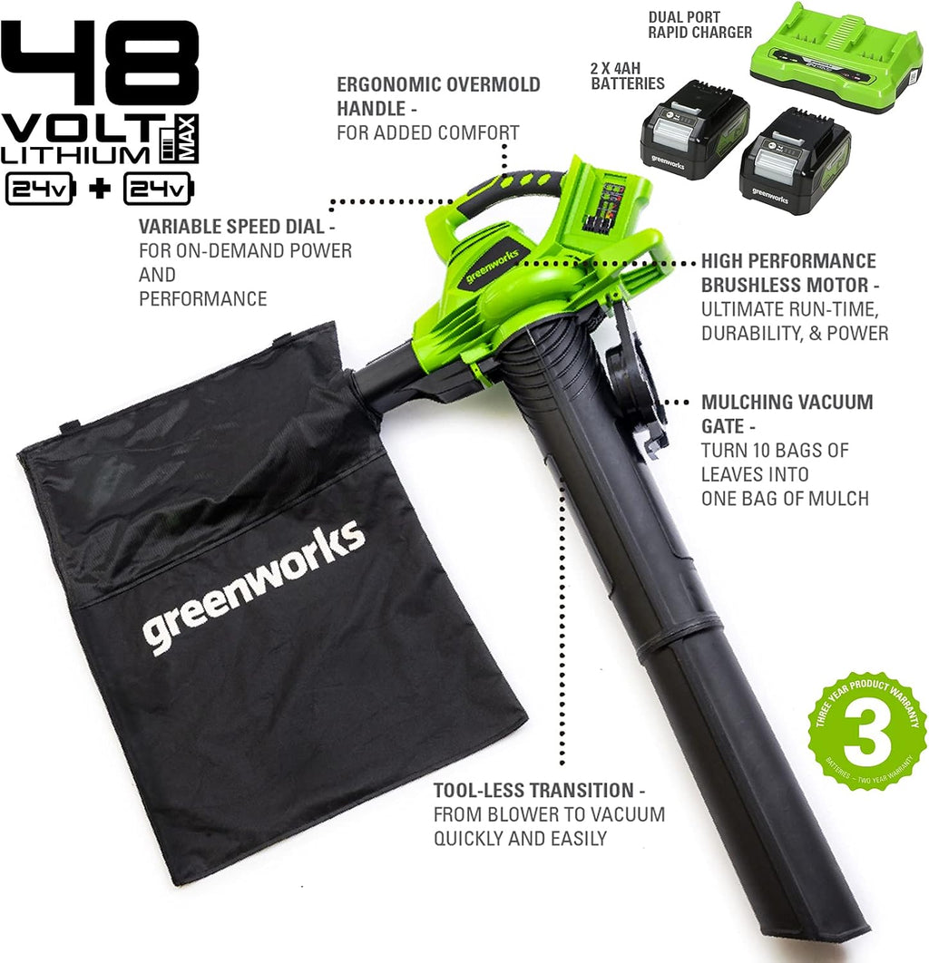 Greenworks 48V(24V x 2) Akku Laubsauger / Laubbläser mit Schultergurt, bürstenloser Motor, 322 km/h, 9 m³/min, 45L Fangsack, zwei 4Ah Batterien & Ladegerät, 3 Jahre Garantie GD24X2BVK4X