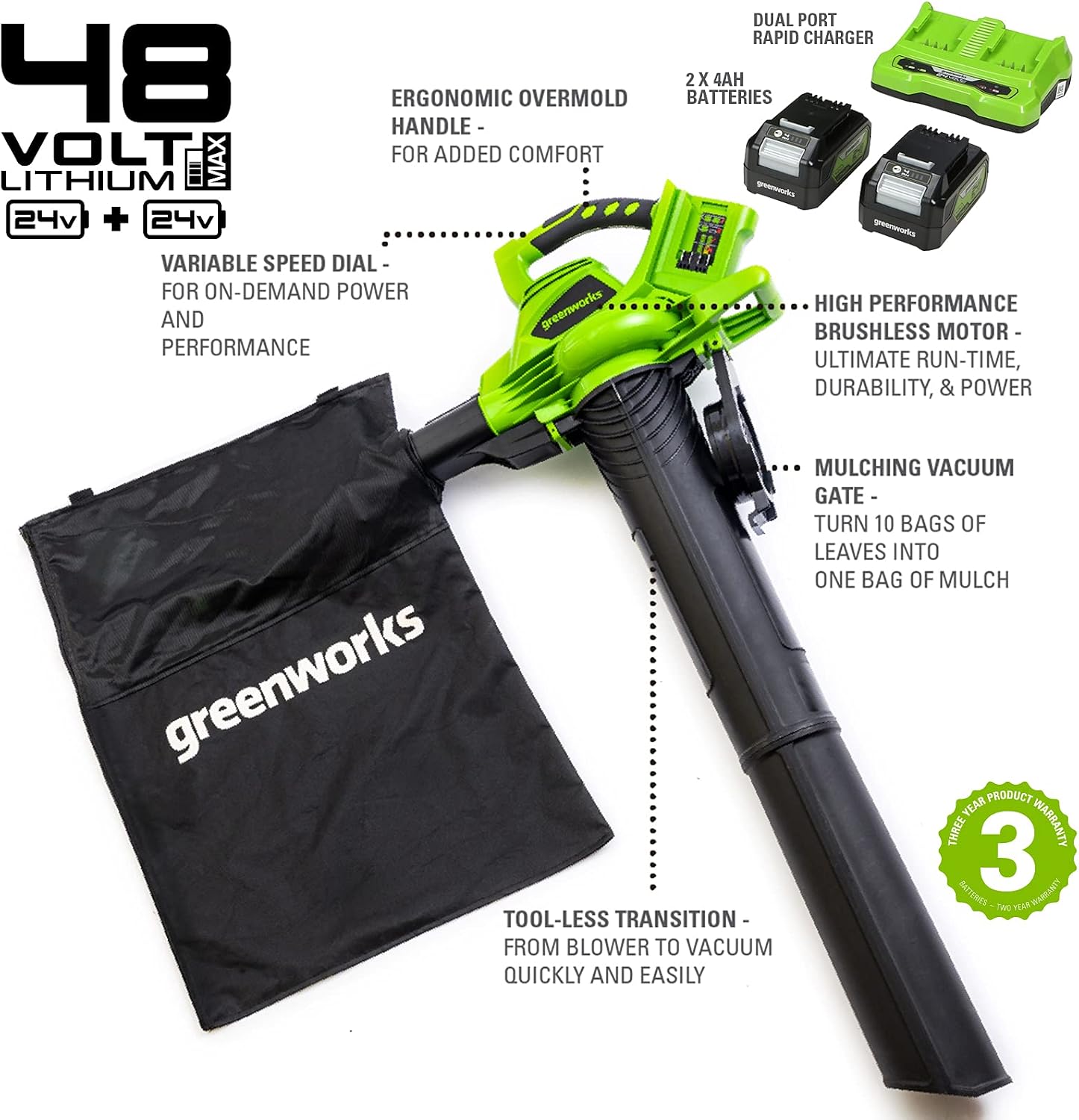 Greenworks 48V(24V x 2) Akku Laubsauger / Laubbläser mit Schultergurt, bürstenloser Motor, 322 km/h, 9 m³/min, 45L Fangsack, zwei 4Ah Batterien & Ladegerät, 3 Jahre Garantie GD24X2BVK4X
