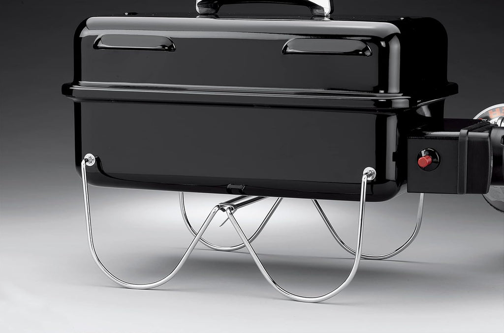 Weber Go-Anywhere Gasgrill | Grill mit klappbaren Beinen, Zündknopf, Robuste Emaille, leicht, kompakter Campinggrill, 42 x 26 cm Grillfläche, Schwarz