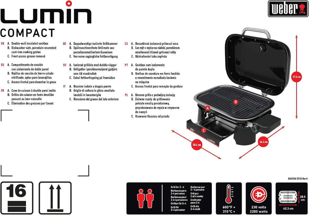 Weber Lumin Compact Tragbarer Kompakter Elektrogrill, Bis zu 315 °C, mit Deckelthermometer, Porzellanemaillierte Gusseisenroste, 43 x 32 cm Grillfläche, Schwarz (1502044)