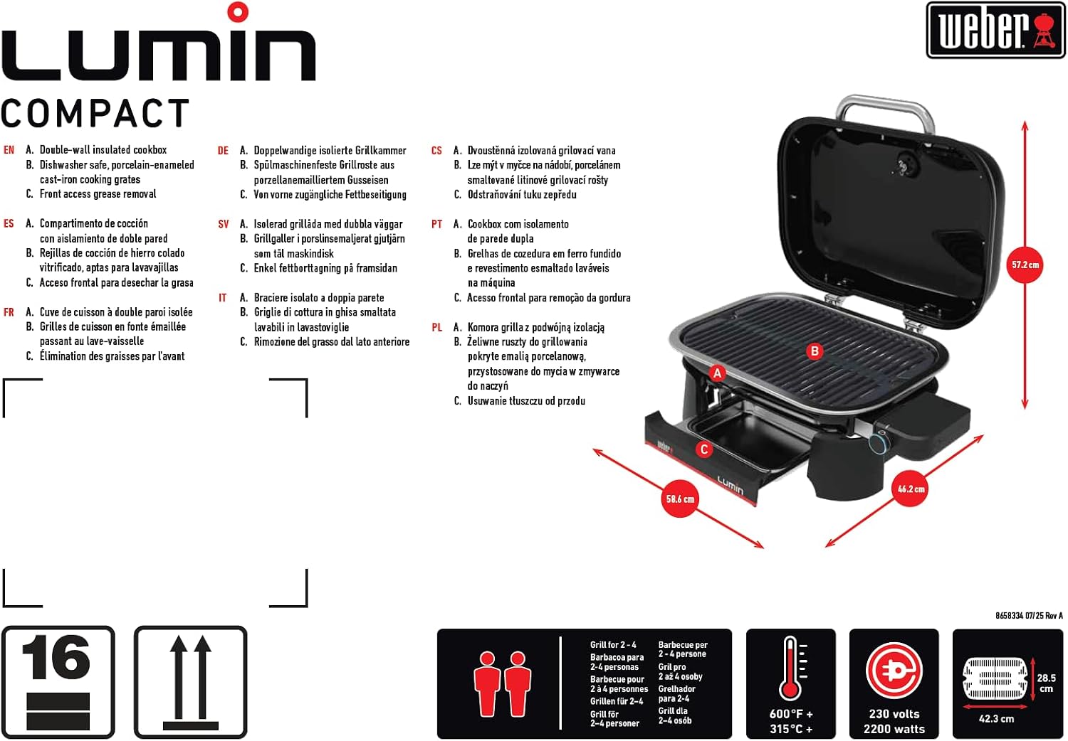 Weber Lumin Compact Tragbarer Kompakter Elektrogrill, Bis zu 315 °C, mit Deckelthermometer, Porzellanemaillierte Gusseisenroste, 43 x 32 cm Grillfläche, Schwarz (1502044)