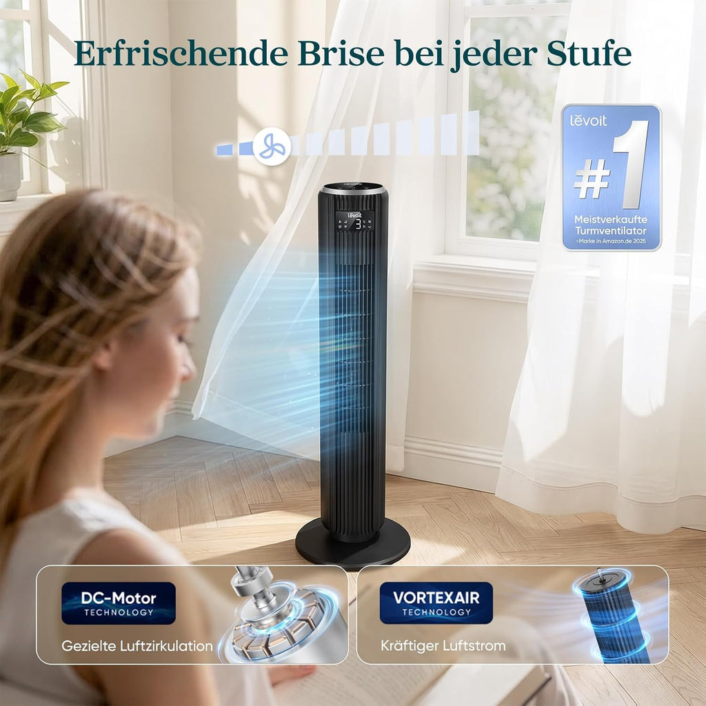 Levoit LTF-F362-KEU Classic Turmventilator 92cm – 20dB, 7,9m/s, 12 Stufen, 4 Modi, 90°, 24W, Graphitschwarz