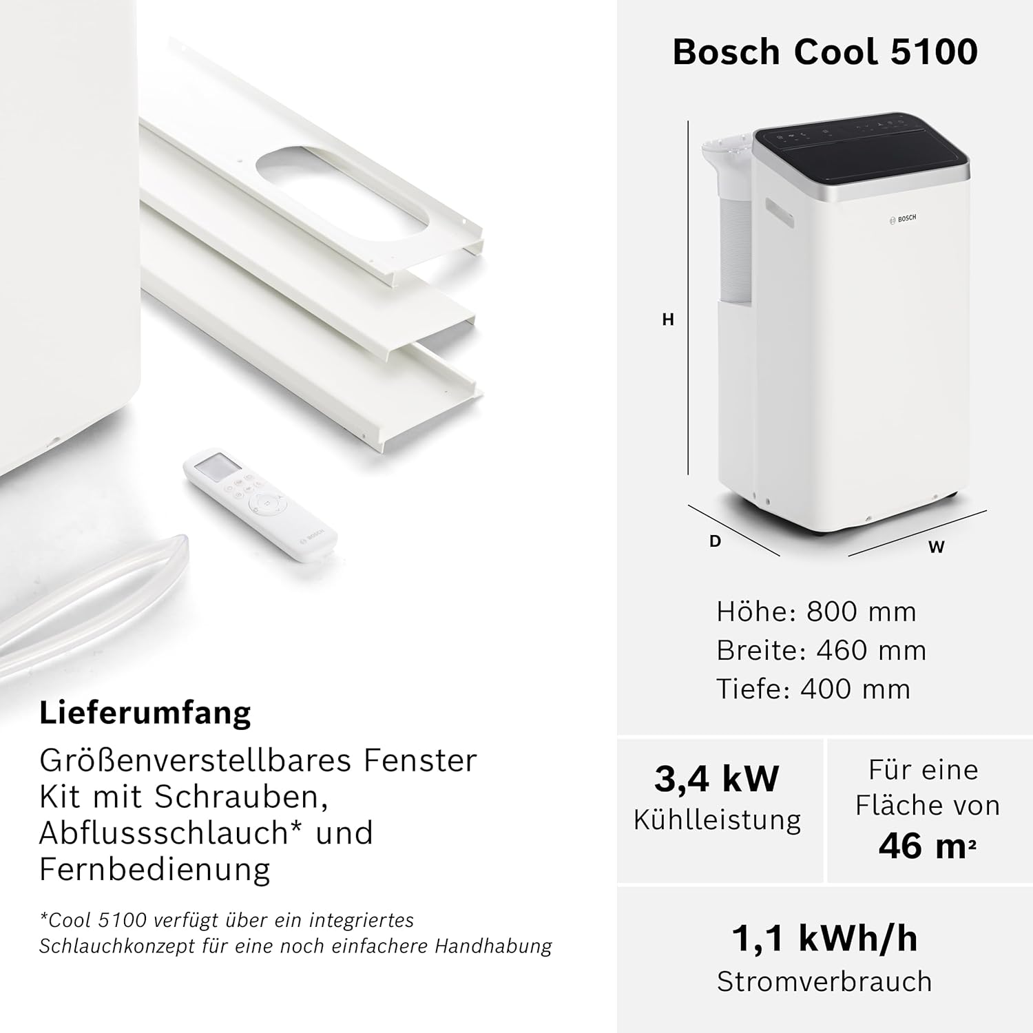Bosch Cool 5100 Mobiles Klimagerät 3,4kW – Inverter, EEK A+, 3-in-1, Auto/Silent/Sleep, 43dB, Weiß