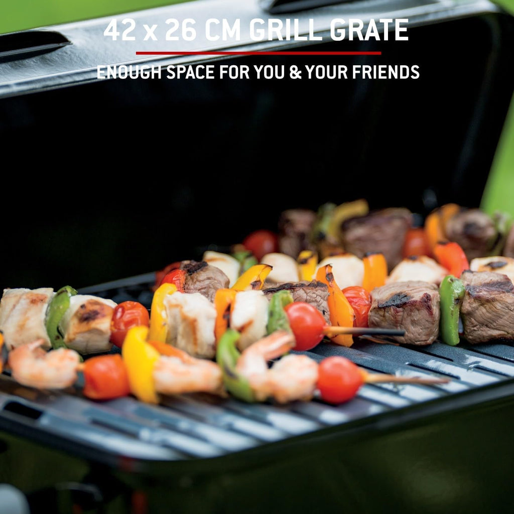 Weber Go-Anywhere Gasgrill | Grill mit klappbaren Beinen, Zündknopf, Robuste Emaille, leicht, kompakter Campinggrill, 42 x 26 cm Grillfläche, Schwarz