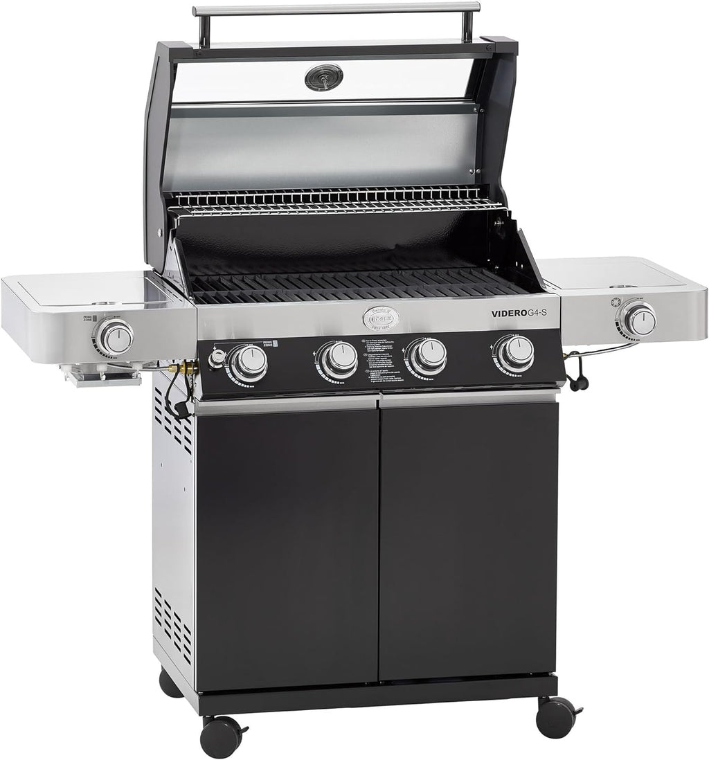RÖSLE Gasgrill BBQ-Station VIDERO G4-S Schwarz, Grill mit 4 Edelstahlbrennern, extra Primezone und Seitenbrenner, klappbare Seitentische, VARIO+, pulverbeschichteter Stahl | Primezone Extra Seitenbrenner, klappbare Seitentische, Vario+System, pulverbeschi
